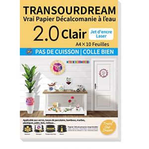 TransOurDream 10xA4 Papier Décalcomanie Clair(pour objets mug, bougie,plastique), papier transfert à eau, Imprimante Laser&Jet d'Encre, film fin transparent, pas besoin de cuisson,FR-10-10 (TransOurdream, neuf)