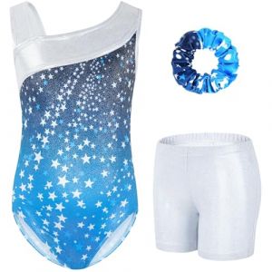 Gogokids Ensemble de Gymnastique Trois Pi&egrave;ces pour Filles, Justaucorps Sans Manches avec Shorts et Bandeau, Tenue de Gymnastique avec Design de Couleur Scintillants D&eacute;grad&eacute;e pour 6 &agrave; 7 Ans (KunTee, neuf)