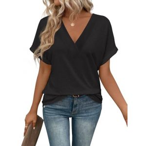 Cuptacc T Shirt Femme Col V Manche Courte Top Femme Coton Ete Tendance Amples Base Haut Tunique Noir, Moyen M 38-40 (CuptaccFashion, neuf)