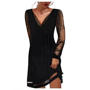 G&eacute;n&eacute;rique Femme &Eacute;l&eacute;gante Col en V Manches Longues Robe Paillettes Mini Robe de Soir&eacute;e Mariage Cocktail Chic C&eacute;r&eacute;monie Robes Cocktail Mini Shirt Robe #1 (01 Noir, L) (Minenany, neuf)
