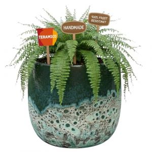 teramico Pot de Fleurs, en c&eacute;ramique, Vert/Turquoise, avec Trou de Drainage, r&eacute;sistant au Gel pour l'ext&eacute;rieur et l'int&eacute;rieur, &eacute;maill&eacute; structur&eacute;, en gr&egrave;s, de qualit&eacute; sup&eacute;rieure (20 cm x 19 cm) (Teramico, neuf)