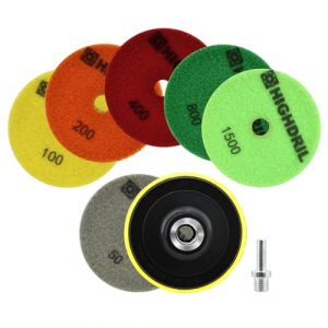 HIGHDRIL Disque de Polissage Diamant Set - 6 Pièces 100mm Grain #50/100/200/400/800/1500 + Support Plastique + Adaptateur Humide Diamant Polissage Pads pour Marbre Granite Pierre Béton (NB DIATOOL DIY TOOLS, neuf)