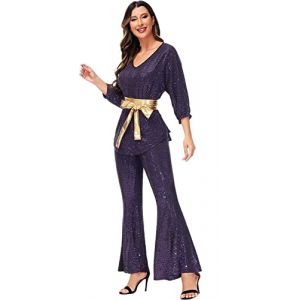 Jutrisujo Deguisement Annee 80 60, 70, 90 Femme Disco Hippie Costume Robe Vetement Halloween Hippie Pantalon Set Grande Taille Violette L (jutrisujo Unique, neuf)