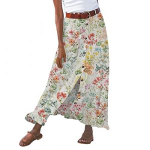 Jupe Mi-Longue Trapèze Femme Coton à Taille Élastique Décontractée Jupe Plissée Boutonnée sur Devant Jupes pour Printemps et été décontractée Ample Couleur Unie Jupes trapèze avec Poches Taille (Kincool, neuf)