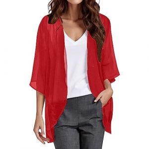 Cardigan Mousseline Boléro Femme Court Soie Gilet Été Chic et Elegant 3/4 à Manches Évasées Boléro Veste Léger Plage Châle pour Robe T Shirt Décontracté Soirée Cérémonie Cardigan Manches Longues (UoUa1245, neuf)