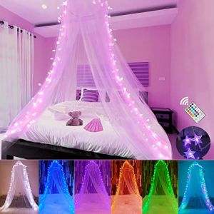 Ciel de lit avec &eacute;toiles LED, moustiquaire pour lit avec 18 couleurs changeantes, minuterie &agrave; distance pour chambre de fille, chambre d'enfant, rose, rouge, bleu, blanc, pour lit simple &agrave; king size (Angry Freud, neuf)