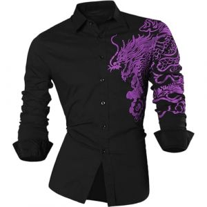 Roobeety Chemise pour homme avec broderie dragon &ndash; Chemise d'affaires &agrave; manches longues en coupe ajust&eacute;e | Chemise de haut attrayante pour les f&ecirc;tes et les occasions sp&eacute;ciales, Style #j02 violet, L (FAKdfkja547, neuf)