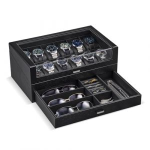 ProCase Coffret Montre Homme en Bois, Bo&icirc;te &agrave; Montre 12 Emplacements avec Couvercle Transparent et Tiroir de Rangement -Noir (ChangBo Store, neuf)