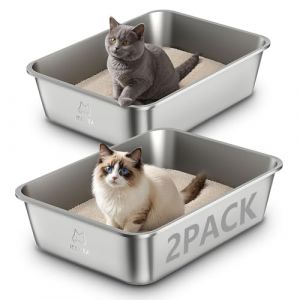Lot de 2 Bacs Bac Litiere pour Chat en Inox, &agrave; Liti&egrave;re pour Grands Chats, Chatons et Lapin, Caisse Chat Litiere XXL, Litiere Toilette pour Maine Coon, Anti-Adh&eacute;rent, Anti-Odeurs (Lot de 2, 50*35*15cm) (ICOYEA, neuf)