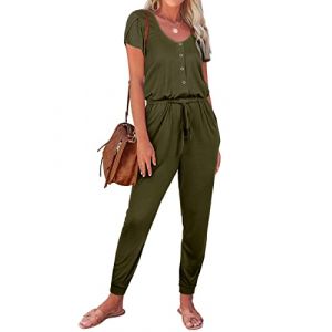 REORIA Combinaison d'été décontractée pour femme - Col rond - Manches boutonnées - Avec poches - Vert militaire - Taille XL (REORIA, neuf)