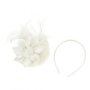 Chapeau bibi pour femme - Motif fleurs - Filet et plumes - Accessoire de cheveux pour carnaval, f&ecirc;te, &eacute;glise, mariage, cocktail, club - Blanc - Taille unique (jksmyx, neuf)