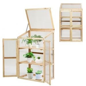 HOMASIS Serre de Balcon PC en Verre, Petite Serre de Jardin avec 2 Etag&egrave;res et Portes, Serre de Terrasse en Bois d'Epic&eacute;a, Miniserre de Jardin pour L&eacute;gumes Plantes Fleurs 60 x 45 x 100 cm, Naturelle (Homasis, neuf)