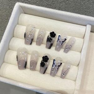 Noeud rose noir for amélioration des ongles, vernis à ongles fait à la main, camélia de montagne perlé, diamant étincelant et accessoires for ongles(Size:XS) (Seful Store, neuf)