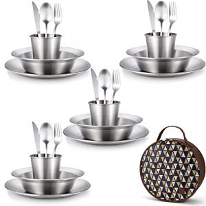 Odoland Set de Couvert Camping Inoxydable 25 en 1, Kit de Vaisselle Camping Poli pour 4 personne avec Assiette Bol Tasse Fourchette Cuillère Couteau Sac de Rangement pour Camping Randonnée Pique-nique (Aveka, neuf)