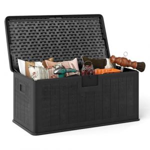 GOPLUS Coffre de Jardin Exterieur Etanche 378L,Coffre Exterieur Etanche HDPE Verrouillable Vérin à Gaz, Poignée, Banc 2 Personnes,Charge 200KG pour Balcon Piscine (Noir,130x64x59CM|378L) (Augenstern24, neuf)