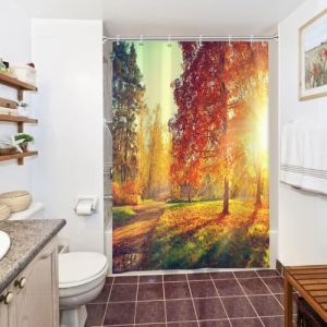 Uiiooazy Rideau Douche Anti Moisissure, Rideau de Douche 150x180cm Orange Feuilles Jaune Automne For&ecirc;t Paysage Rideaux de Baignoire Tissu Lavable Imperm&eacute;able Rideaux Salle de Bain avec 10 Crochets (dongguibinjingpinxiaodianpu, neuf)
