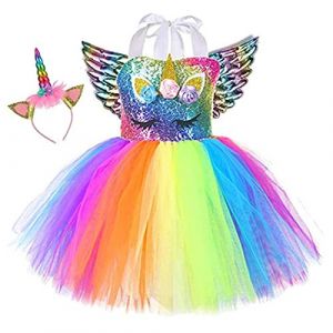 Sincere Party Robe tutu en tulle licorne pour fille Robe d'anniversaire licorne moelleuse arc-en-ciel avec bandeau et ailes 2-3 ans (SP Funworld, neuf)