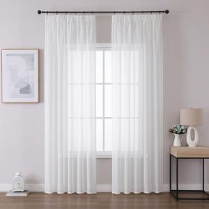 Joydeco Lot de 2 Rideau Voilage Blanc 140x225cm avec Galon Fronceur pour Rail, Voilage Fen&ecirc;tre Semi-Transparent pour Filtrage de Lumi&egrave;re et D&eacute;coration de Chambre Salon (Crochets Non Inclus) (joydeco, neuf)