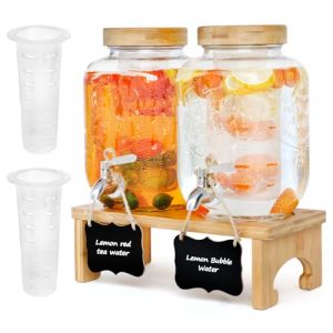 Lot de 2 distributeurs de boisson, 4 l, avec support, en verre avec robinet en acier inoxydable massif, pour jus glac&eacute;, eau, boissons maison, f&ecirc;tes, mariages (Catalpa Blume, neuf)