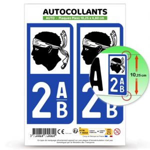 Autocollant Plaque Immatriculation 2 Stickers d&eacute;partement 2AB Corse - Corsica en Version Fond Bleu : 10,25 x 4,6 cm (Plaque Plexi) (blasonimmat, neuf)