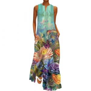Chanpning Femme Robe Longue Imprimé Floral Maxi Robe BohèMe avec Poches sans Manches Grande Taille Robe Trapeze Femme Robe Longue Fluide Robe D Ete pour Femme Robe Femme Chic Et Elegant (Blingko, neuf)
