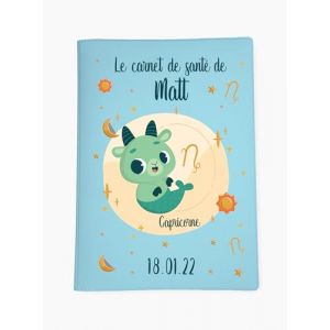 Prot&egrave;ge carnet de sant&eacute; personnalis&eacute;, id&eacute;e cadeau personnalisable b&eacute;b&eacute;, cadeau naissance original, Housse carnet de sant&eacute; Signe Capricorne - CL0019j (Bleu CIel) (MARQUAGE UNIQUE, neuf)