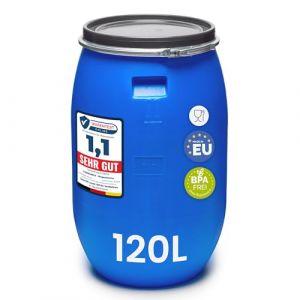 Garronda réservoir d'eau de 120 litres, Baril Alimentaire, fût à Large Ouverture en HDPE et sans BPA, tonneau de Jardin, bac à Aliments pour Animaux, conteneur d'eau, tonneau Universel GD-0078, Bleu (Hisert, neuf)