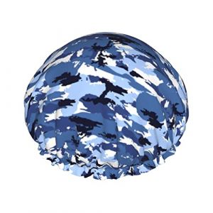 Bonnet de douche camouflage bleu Ensemble de 1 bonnet de bain extensible à grande ouverture avec corde élastique Bonnet de bain imperméable à double couche Bonnet de bain réutilisable pour dames hom (DoubleShopShow, neuf)