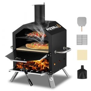 Pizzello Four à pizza d'extérieur à 2 couches avec pierre, pelle à pizza, couvercle, grille de cuisson amovible pour camping, jardin, barbecue (noir) (PIZZELLO, neuf)