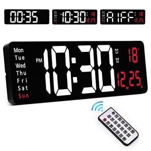 Grande Horloge Murale numérique avec télécommande, 16" Horloge numérique avec Réveil/Date/Température/Minuteur, Horloge Digitale, Réveil numérique pour la Maison/Le Bureau/la Salle de Classe-Rouge (Sukeen Store-EU, neuf)