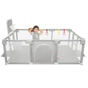 Grand Parc avec Grille de Protection,Parc pour Bébé, Modulable, Pliable,Grand parc pour enfant en bas âge,50 Balles,Basketball Rack,Avec 4 Ventouses -180 * 120 * 66cm-Gris clair (Hechheu, neuf)