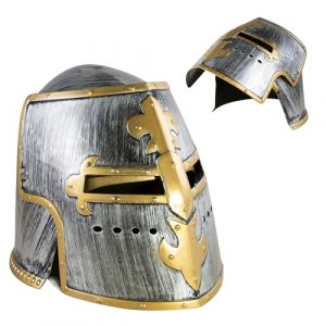 P'TIT CLOWN - 31050 - Casque de Chevalier avec Visière Amovible - Look Médiéval, Guerrier, Gladiateur - Accessoire de Déguisement pour Carnaval, Fêtes à Thèmes, Halloween - Plastique - Gris et Or (Ponera, neuf)