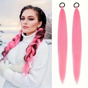 Extension de queue de cheval Extension queue de cheval synthétique 2 pièces avec élastique, lisse et lisse, tresse enroulée, queue de cheval de 66 cm Faux cheveux(Bright Pink) (birenyu, neuf)
