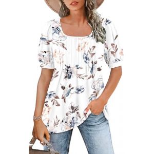 WNEEDU Tee Shirt Femme col Carr&eacute; Tunique Femme &Eacute;t&eacute; T-Shirt Manches Courtes Chemise Fluide Pliss&eacute;e Hauts Chic &Eacute;legant Ample Top Fleur Blanche XL (WNEEDU EU, neuf)