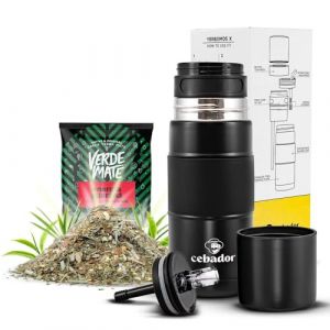 Coffret Yerba Maté – Yerbomos X Noir 450ml + Échantillon Verde Mate Green Energía Guaraná 50g – Gourde Thermos 3-en-1 – Infusion à emporter (MateMundo, neuf)