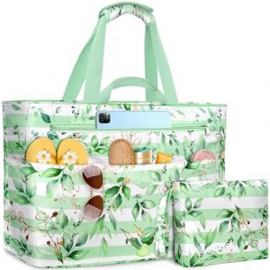 NEWIROVE Sac De Plage Femme, Grand Sac Plage Avec Fermeture &Eacute;clair Xxl Family Bag Imperm&eacute;able Pliable Beach Bag Cabas Femme Pour Piscine, Shopping, Vacances. 50L, Rayures florales vertes (Newinere, neuf)