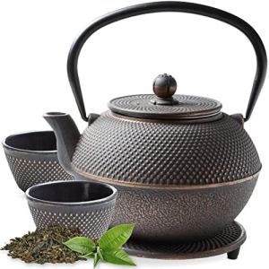 Tealøv THEIERE FONTE 1,1 LITRE SET COMPLET | BOÎTE CADEAU Service à Thé en Fonte avec Théière, 2 Tasses & Dessous Théière | Entièrement Émaillée de l'Intérieur | Design De Style Japonais | Noir/Cuivre (Cook & Dine, neuf)