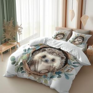 Housse de Couette 200 x 200 cm Hérisson Aquarelle Parure de Lit, Blanc Housse de Couette 2 Personne en Respirant Microfibre avec Fermeture éclair, 2 Taie d'oreiller 65x65cm (Srigzcaly shop, neuf)