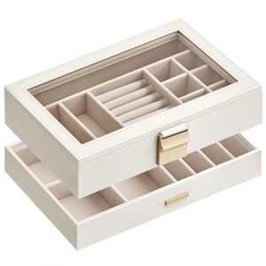 SONGMICS Boîte à Bijoux avec 2 Plateaux Empilables, Coffret à Bijoux Spacieux, Couvercle en Verre, 17 x 28 x 8,8 cm, pour Tiroir, Coiffeuse, Blanc Nuage JBC192W01 (SONGMICS HOME FR, neuf)
