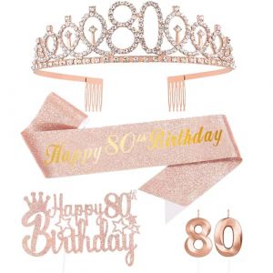 Or Rose 80 Ans Decoration Anniversaire, Inclus 80 ans Echarpe et Couronne Anniversaire,Bougie,Happy Birthday Cake Toppers Decoration Fille Femme (CHENHANGMAOYI, neuf)
