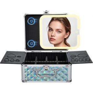 Malette Maquillage Professionnel avec Miroir LED Magn&eacute;tique &Eacute;clair&eacute; 3 Couleurs Mallette Onglerie Portable avec Serrure Malette Coiffure Compartiments et Supports de Pinceaux, Turquoise (sxadesa, neuf)
