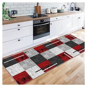 Siunwdiy Gris Rouge Tapis Cuisine Devant Evier Tapis De Couloir Lavable Antiderapant Long Absorbant Moderne Motifs G&eacute;om&eacute;triques Tapis De Salon Chambre G&eacute;om&eacute;trie,B,140X160CM (fuying shop, neuf)