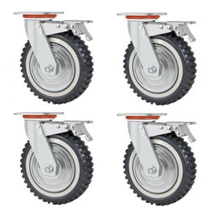 DBREAKS Lot de 4 roulettes de transport pour charges lourdes - Diamètre : 200 mm - 4 roulettes pivotantes avec frein - En caoutchouc plein à 360° - 2000 kg - Pour table de soudage (AMIGOB, neuf)