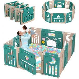 Dripex Parc Bebe Modulable, Parc Bébé Pliable 150×150CM, Parc pour Bebe Plastique en Forme Adaptable, Parcs Enfant XXL avec Panneau d'activité, Marron et Vert (Dreamome FR, neuf)