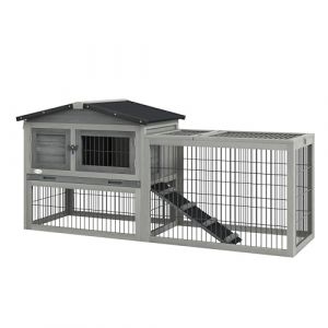 PawHut Clapier de Sol Cage à Lapin Cottage Niche supérieure avec Rampe enclos extérieur Plateau excrément fenêtre Porte verrouillable Bois Sapin dim. 150L x 52l x 68H cm Gris (Aosom fr, neuf)