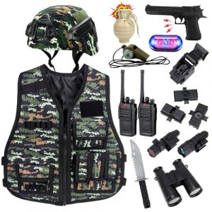 RedCrab Deguisement Militaire Enfant, Camouflage Militaire Jouet avec Casque Militaire, Gilet Militaire, Talkie-Walkie et Autres Accessoires, Jeu de Rôle Soldat Halloween Carnaval Costume Garçon (RedCrab -EU, neuf)