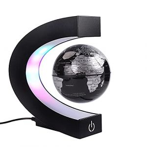 Globe flottant magnétique avec lumières LED colorées en forme de C - Anti-gravité - Carte du monde rotative pour cadeau à la maison, au bureau - Avec interrupteur - Noir (Yunwanness, neuf)