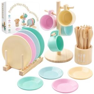GAGAKU Montessori Ensemble de jouets de cuisine pour enfants de 3 à 8 ans, couleurs pastel, avec vaisselle, couverts et étagère de rangement, jeu de rôle pour filles et garçons de 3 à 8 ans (Brandworl FR, neuf)