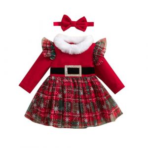 HodJIU Robe de Noël Bébé Fille Costume Mère Noël Ensemble Robe Princesse Tutu Rouge Manches Longues + Bandeau Tenue de Fête Noël Vêtements Nouveau-né Hiver (Rouge Carreaux, 3-6 Months) (Haikouxunchuanhandianzishangwuyouxiangongsi, neuf)