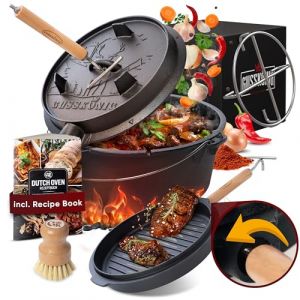 GUSSKÖNIG dutch oven Cocotte Fonte Barbecue - Cocotte Émaillée 4,5L sans Pieds - Chaudron en fonte - Double Fonction - Marmite fonte-Marmite feu de bois, Inclus : Brosse & Livre de Recettes[1-3 Pers.] (HBS gmbh, neuf)